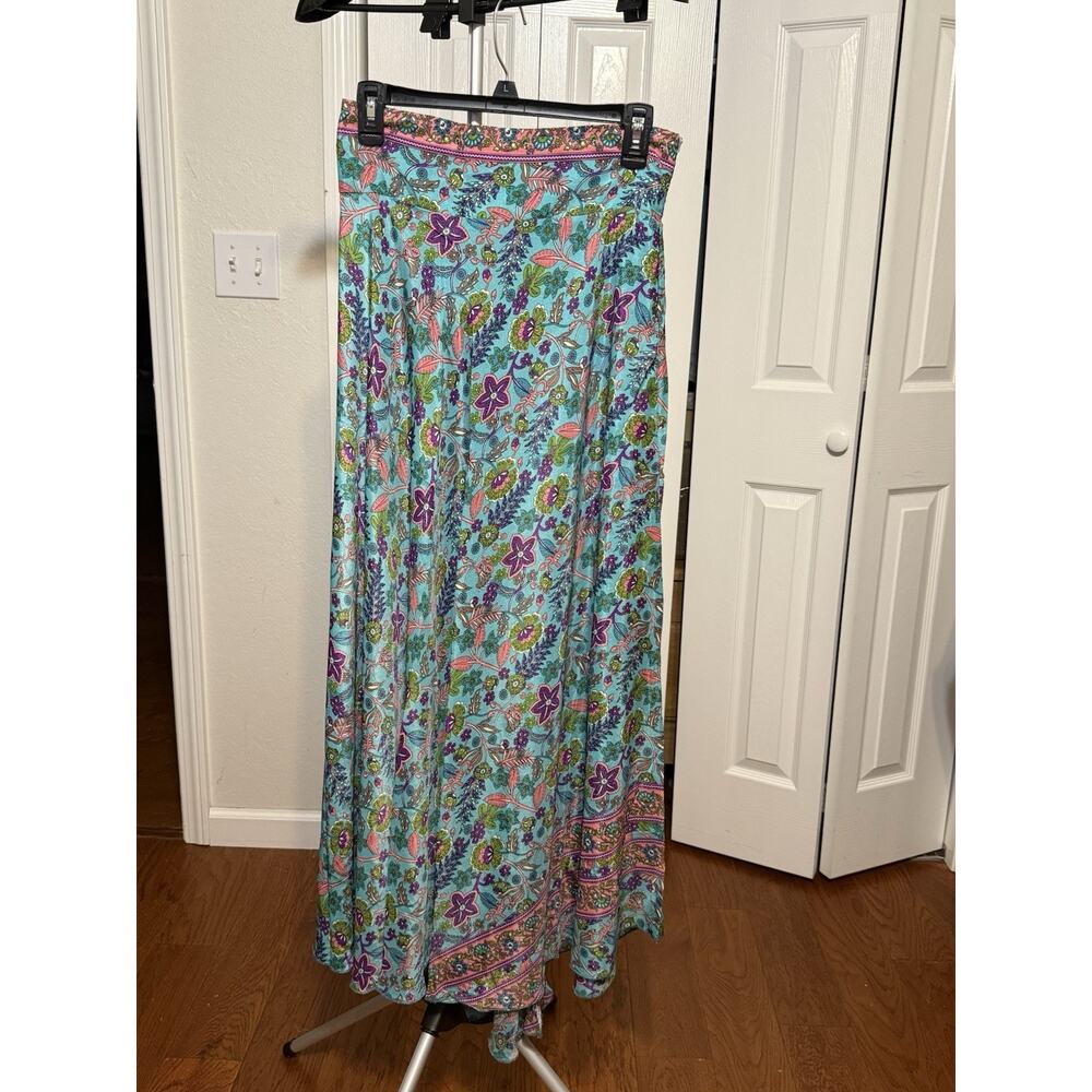 Rhea Floral Print Smocked Waist Cotton A-Line Skirt Blue Pink Green 30